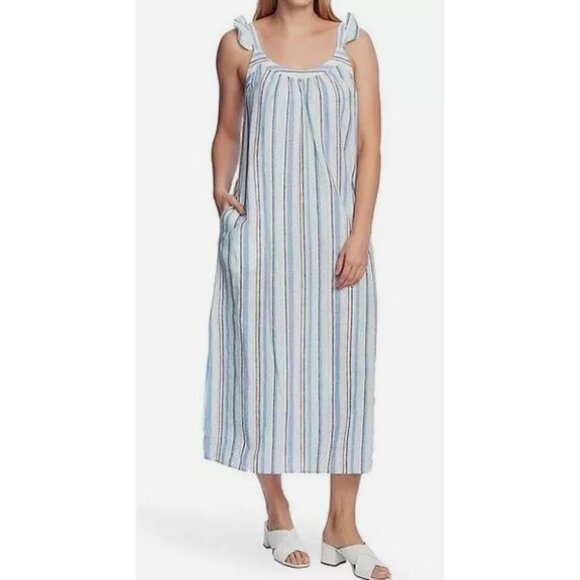 VINCE CAMUTO LINEN STRIPED RUFFLE STRAP DRESS SLEEVELESS MIDI AQUA ICE  Pockets - Picture 2 of 12
